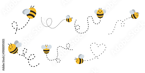Cute flying bee with dashed line illustration for spring, summer, honey product promotion, bee day. Vector isolated