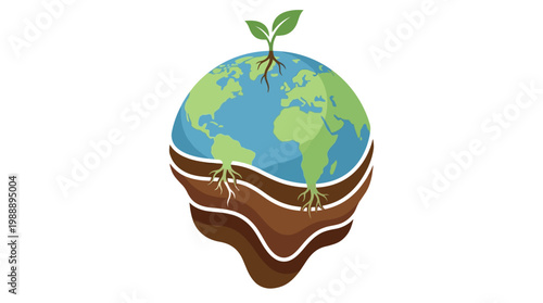 Illustrated Earth Globe with Growing Plant and Roots Depicting Growth.