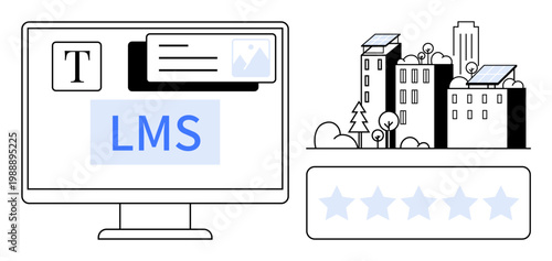 Education, e-learning platforms, sustainability, renewable energy, urban planning, feedback systems. Computer screen with LMS, eco-friendly buildings 5-star rating. E-learning platforms