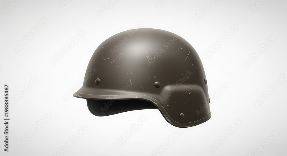 Obraz premium Rugged military combat helmet showcasing a weathered surface texture on a clean white background
