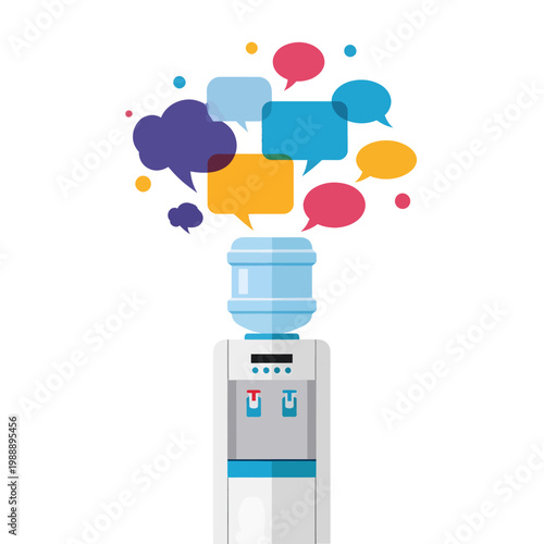 Vibrant speech bubbles erupting from a classic office water cooler symbolize dynamic workplace communication and informal discussions
