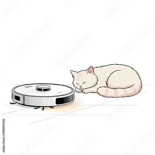 Gentle robot vacuum cleaner meticulously tidies the floor while a cute cat sleeps peacefully beside it, creating a serene domestic scene