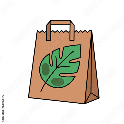 Eco-friendly brown paper bag icon with a fresh green leaf design, representing natural food, organic produce, and sustainable shopping practices for environmentally aware consumers