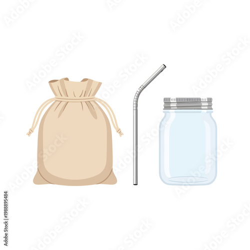 Reusable drawstring bag with a metal straw and glass jar, perfect for eco-friendly lifestyle and reducing waste