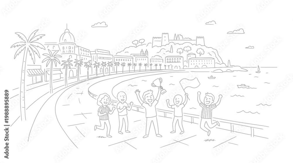 Fototapeta premium Joyful People Celebrating Victory Along Seaside Promenade with Flags.