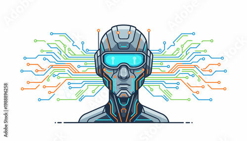 Futuristic Robot Head with Circuit Board Connections, Illustrating AI and Technology Concepts