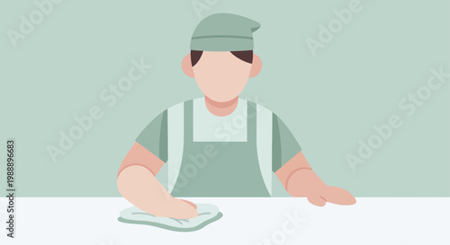 Janitor cleaning surface with cloth, wearing uniform and cap.