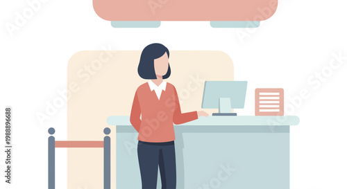 Female receptionist standing at a counter with a computer.