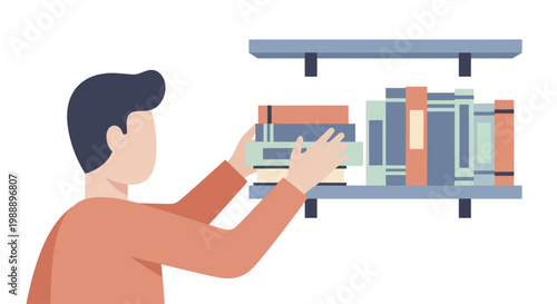 Man organizing books on a shelf, showcasing a neat and tidy arrangement of literature.