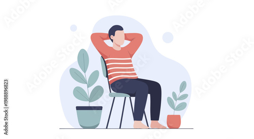 Man relaxing on chair with hands behind head.
