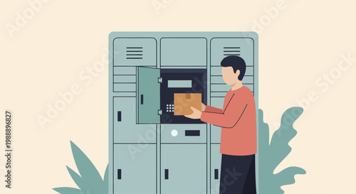 Man retrieving package from automated locker system for convenient delivery.
