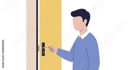 Man unlocking door with key, entering or exiting a room.