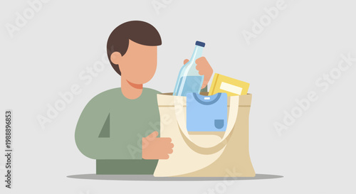 Person carrying reusable grocery bag with various items.