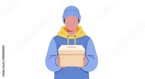 Person in winter hat and hoodie holding a package delivery.