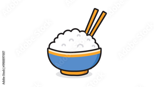 Modern Flat Vector Illustration of a Rice Bowl with Chopsticks, Featuring Editable Stroke and Clean Outlines. Minimalist Asian Food Icon for Web Design, Apps, and Menus on White Background.