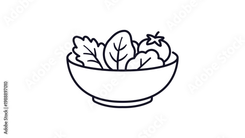 Minimalist Salad Bowl Vector Icon with Fresh Lettuce and Tomato, Featuring Editable Stroke for Customization. Clean Black Line Art Illustration of Healthy Food Bowl on White Background.