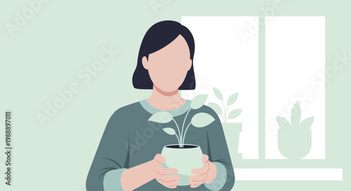 Woman holding a small potted plant with green leaves, symbolizing growth and care.