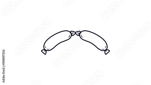 Minimalist black line vector icon of a pair of plump sausages linked together, hand-drawn style on white background. Perfect for food menus and butcher shop branding. Editable stroke illustration.