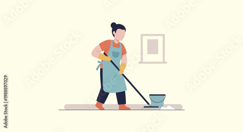 Woman in apron and gloves mopping floor with bucket.