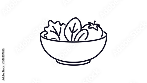 Salad Bowl Vector Icon with Fresh Lettuce, Spinach Leaves, and Tomato. This Minimalist Outline Illustration Features an Editable Stroke for Easy Customization on a White Background.