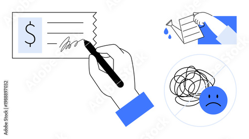 Financial planning, decision making, money issues, debt resolution, budgeting, stress management. Hand signing check, spilled money and sad face with a tangled line. Financial planning and decision