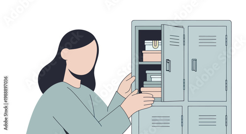Woman opening a locker filled with books and personal items.