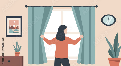 Woman opening curtains to let in natural light.