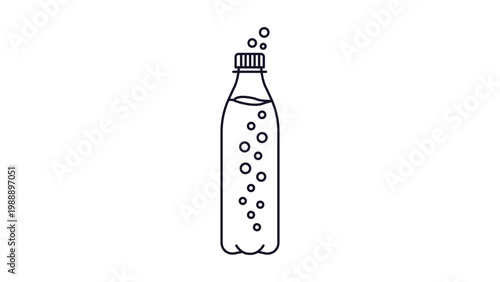 Sparkling Water Bottle Vector Icon with Editable Stroke. Minimalist black line illustration of a tall plastic bottle filled with carbonated soda, mineral water, and bubbles on white background.