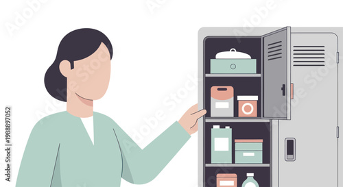 Woman organizing supplies in a metal locker at a professional workplace.