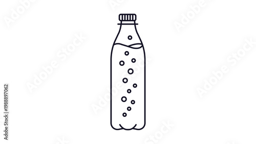 Sparkling Water Bottle Vector Icon Illustration, Minimalist Black Line Art Outline of a Refreshing Carbonated Soda Drink Plastic Bottle with Bubbles and Editable Stroke on White Background.