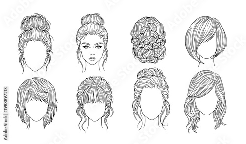 Stylish Female Hair Outline Set Vector Illustration