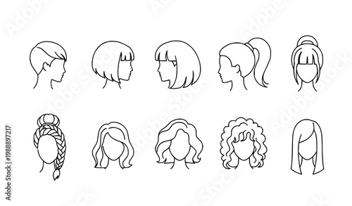 Female Hairstyles Outline Icon Set Vector Illustration