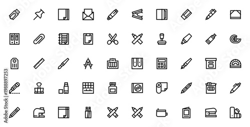 Stationery icon set. Vector office supplies collection. Includes pen, pencil, ruler, scissors, folder, envelope, stapler, paintbrush, calculator and more. Editable stroke.