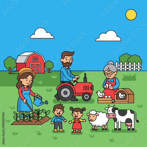 Family on a farm with tractor.