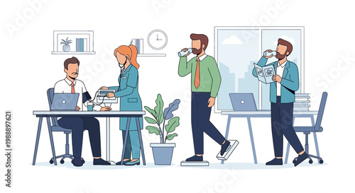 Diverse people in a modern office and clinic setting, busy with work and health checks.