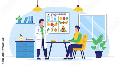 Doctor advises patient on hydration and healthy diet, showing fruits and water on chart