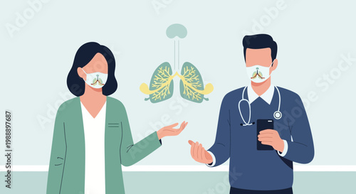 Doctor and patient discussing lung health, wearing masks with dog face print