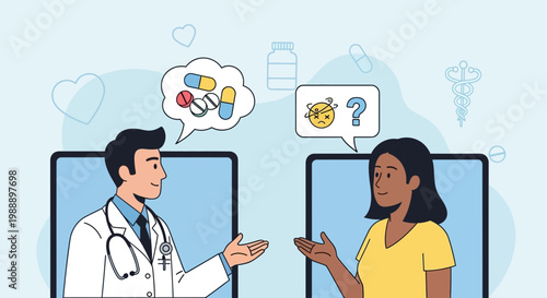 Doctor and patient in online consultation, telemedicine, healthcare, medicine, pills, virus
