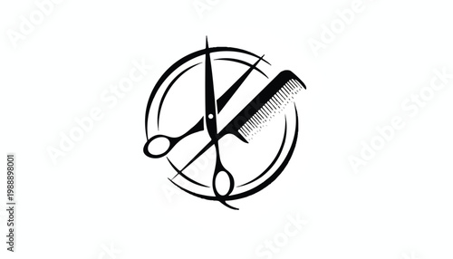 Black and white illustration of scissors and a comb inside a circle symbolizing barber shop or hair salon services scissors grooming instrument