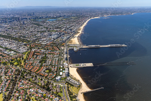 Port Melbourne aerial view of Port Phillip Bay, beach and marina waterfront