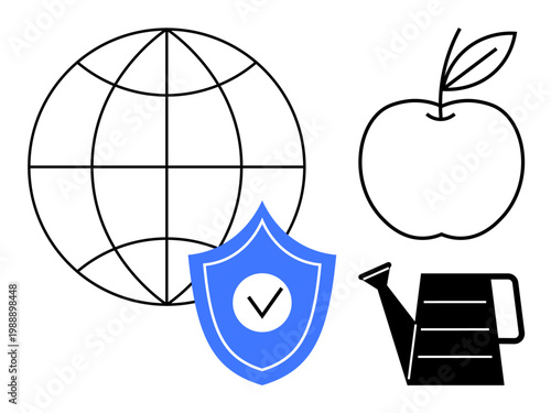 Global communication, data protection, agriculture, sustainability, health, technology. World globe, shield apple and watering can icons. Data protection and global illustrated