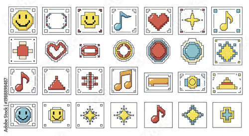 Collection of pixel art icons featuring various symbols and emojis.