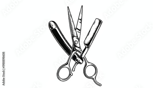 Vintage illustration of barber scissors and straight razors with straight razor black and white personal care hand drawn scissors illustration