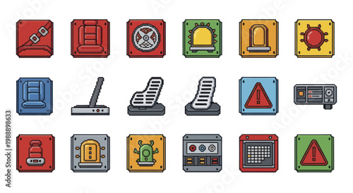 Collection of pixel art style game interface elements and icons.