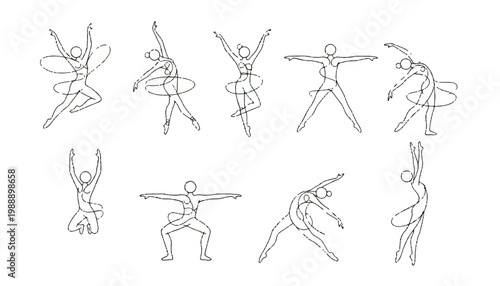 Set of ten stylized female ballet dancers in various poses with ballet dancer pas de deux modern dance performance art silhouette movement