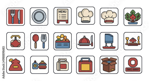 Collection of restaurant and food service icons for culinary business.