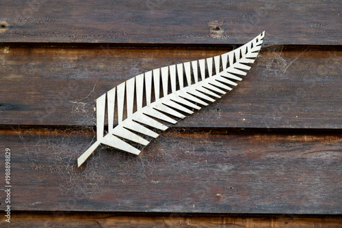 Canvastavla A silver fern frond emblem is affixed to a weathered wooden wall, New Zealand