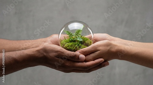 Two Hands Gently Holding a Miniature Green Ecosystem in a Glass Sphere.