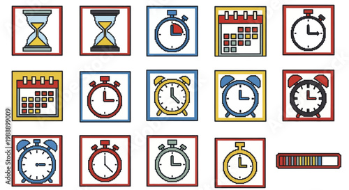 Collection of Time-Related Icons - Hourglasses, Stopwatches, Calendars, and Alarm Clocks.