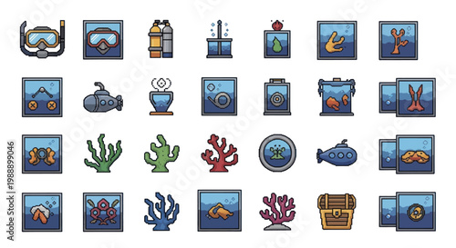 Collection of underwater exploration and marine life icons.